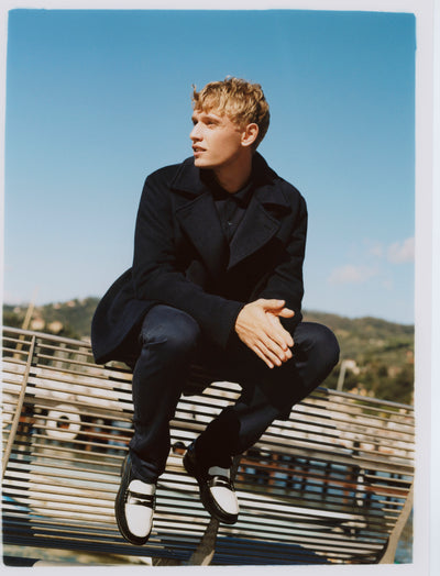Male model wearing Sebago Classic Dan Black & White Loafers